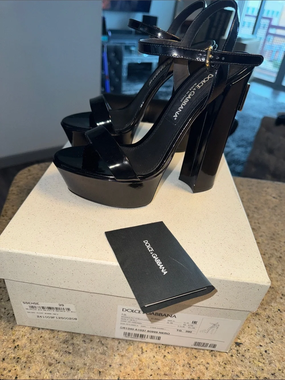 Dolce & Gabbana Black Patent Platform Block-Heel Sandals with Gold Logo